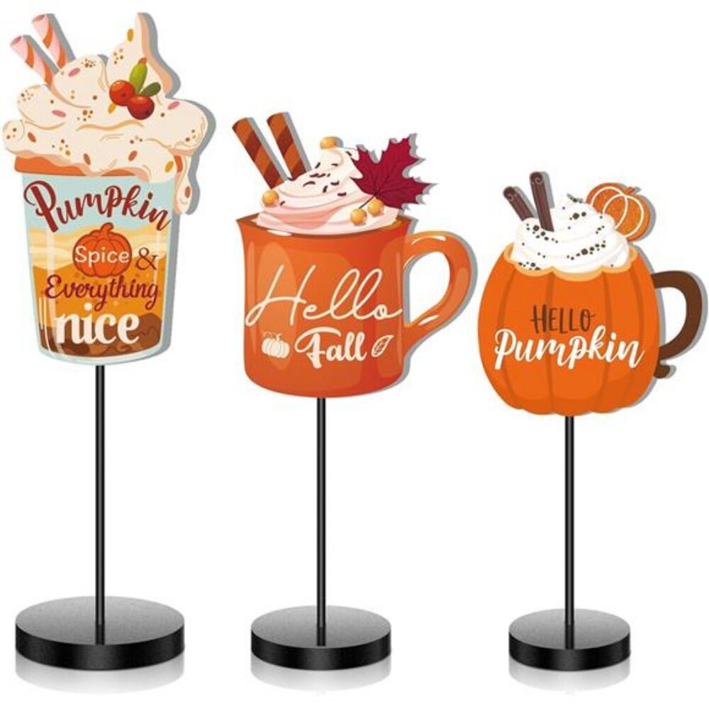 3 Pcs Fall Wood Table Decor Fall Coffee‎ Bar Decor Pumpkin Mug Maple Leaf Wooden